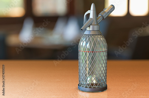 Tableau sur toile Siphon Seltzer Bottle on the wooden table, 3D rendering
