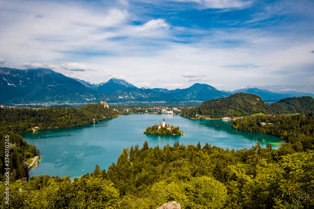 Panoramic view of Lake Bled, Gorenjska region, Slovenia