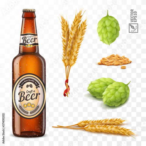 3d realistic set for beer, ears and grains of wheat, hop cones, bottle brown beer with label