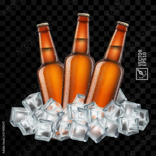 3d realistic transparent brown beer bottles in ice cubes