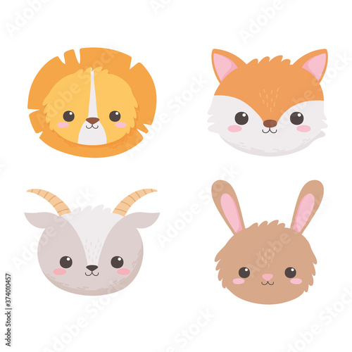 cute lion fox goat and rabbit head cartoon animals
