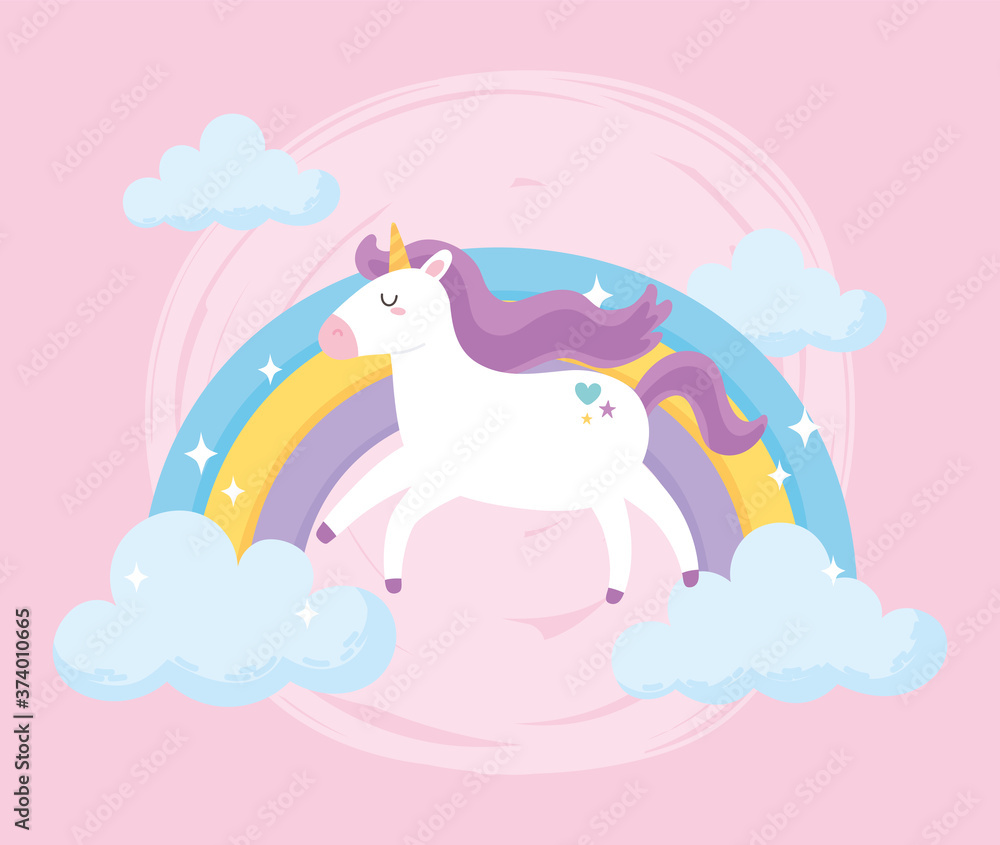 Naklejka premium cute magical unicorn with purple mane rainbow clouds animal cartoon