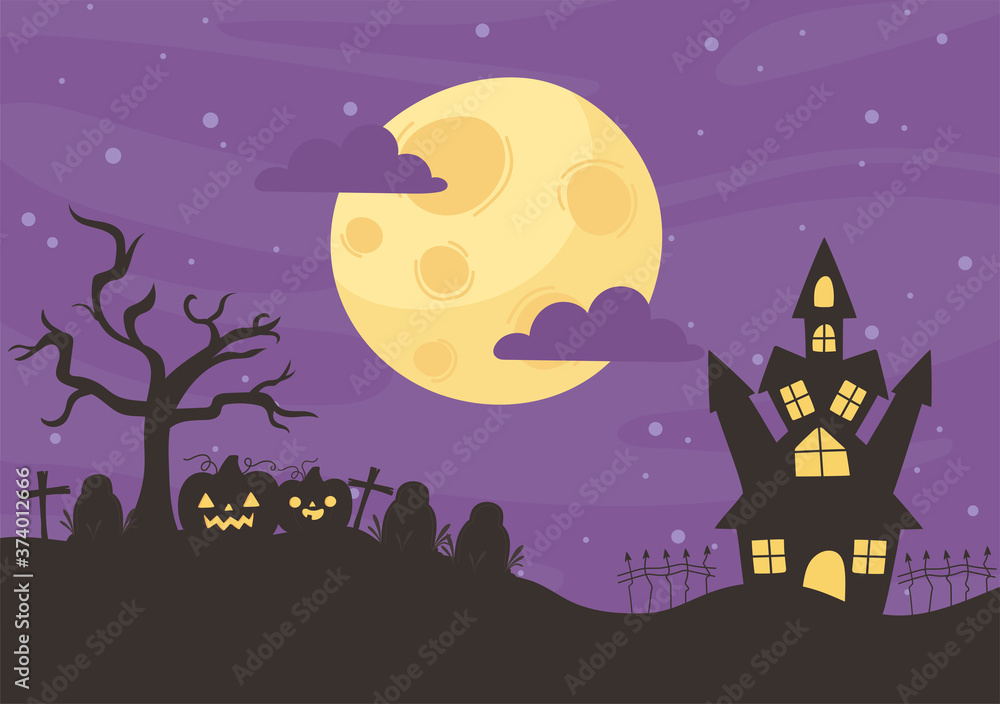 happy halloween, castle cemetery pumpkins dry tree night moon trick or treat party celebration