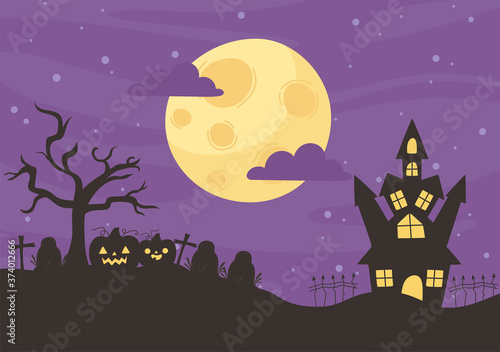 happy halloween, castle cemetery pumpkins dry tree night moon trick or treat party celebration