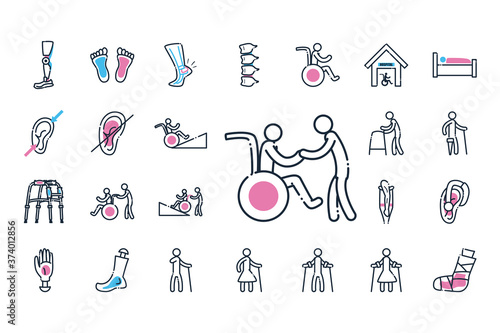 Handicapped line and fill style icon set vector design
