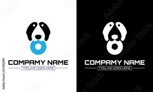 Vector illustration of a pet dog graphic. Dog biting a toy isolated on a black white background. Cute cartoon dog.