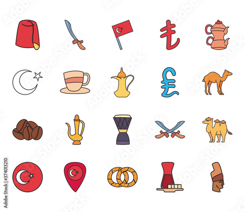 Turkish line and fill style icons bundle vector design