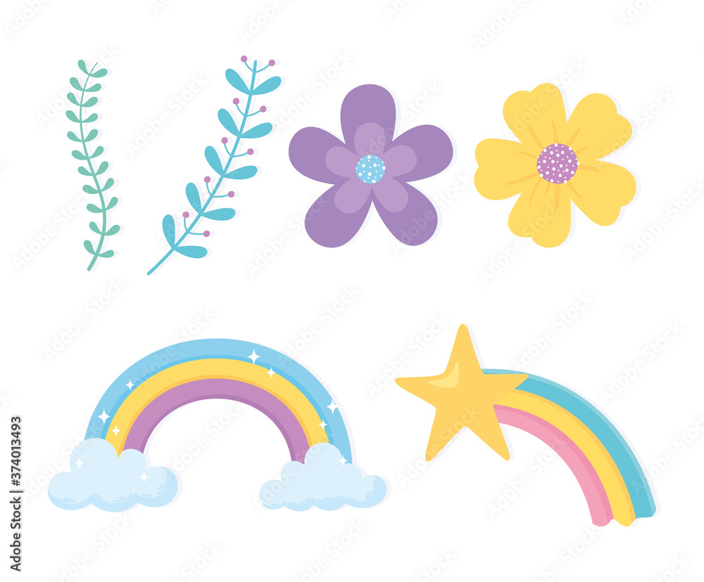 magical rainbows cloud star flowers branches nature icons cartoon