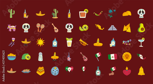 mexican free form style 50 icon set vector design