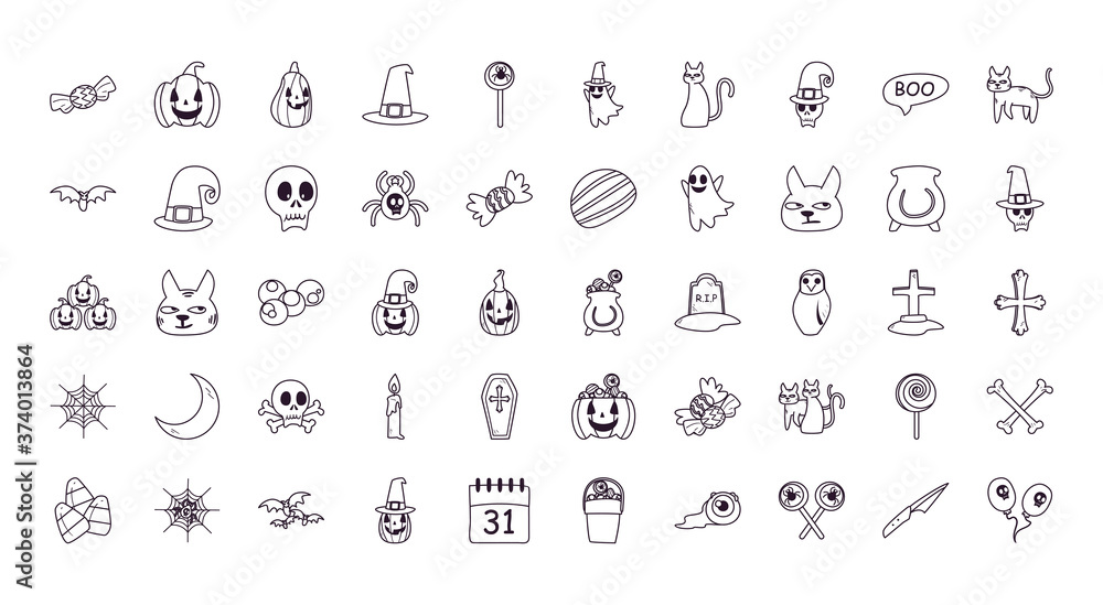 halloween free form line style 50 icon set vector design