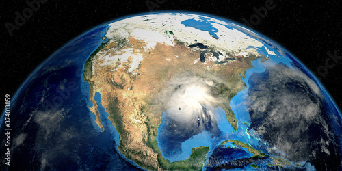 Fototapeta Naklejka Na Ścianę i Meble -  Hurricane Laura making Landfall in USA. Shot from Space. Elements of this 3D rendering are furnished by NASA.