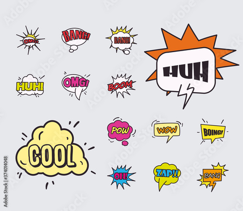 pop art bubbles line and fill style icon set vector design