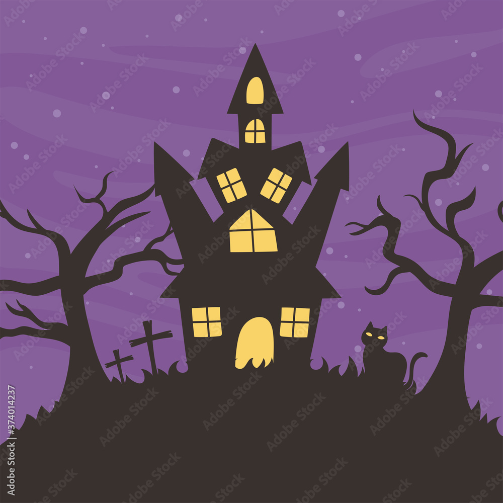 happy halloween, castle cat dry trees trick or treat party celebration