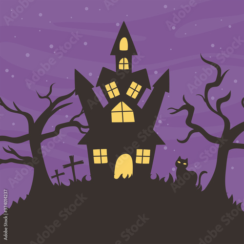 happy halloween, castle cat dry trees trick or treat party celebration