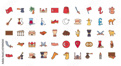 Turkish line and fill style 50 icon set vector design