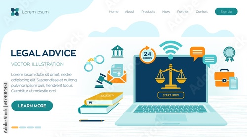 Online Legal advice concept. Labor law, Lawyer, Attorney at law. Lawyer website on laptop screen. Professional law attorney consultation online, legal assistance in business. Vector illustration.