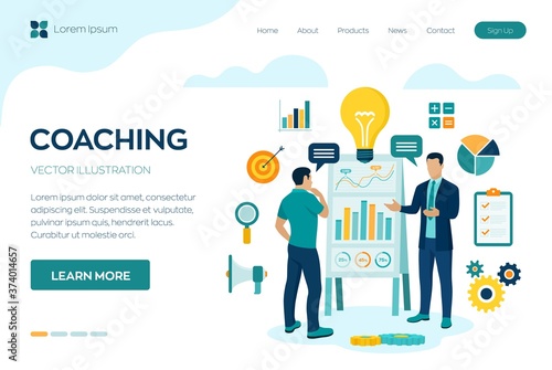 Coaching and mentoring concept. Business advise or consultation service. Businessman with personal mentor and business trainer discussing business strategy. Training courses. Vector illustration.