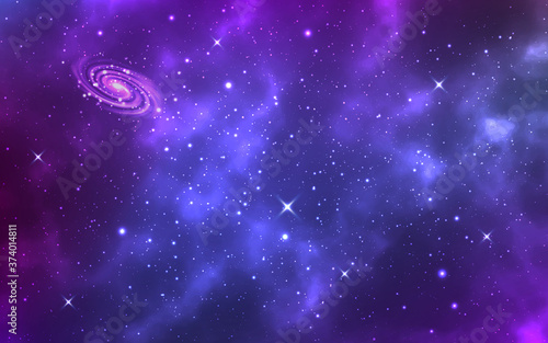 Space background. Realistic starry sky. Color galaxy with milky way and stardust. Cosmos and bright shining stars. Magic purple universe and constellations. Vector illustration