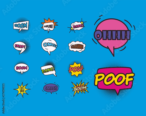 pop art bubbles line and fill style set icons vector design