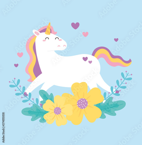 cute magical unicorn flowers hearts love animal cartoon