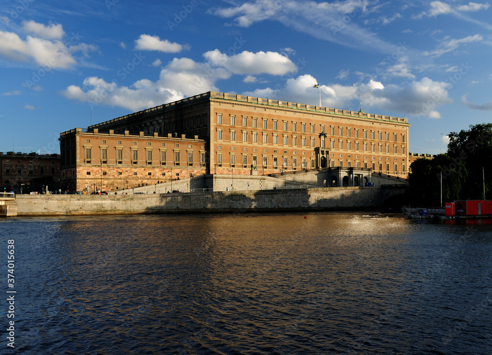 View From Stockholms Strom To The Royal Palace Of Stockholm On A Sunny Summer Day With Some Clouds In The Sky