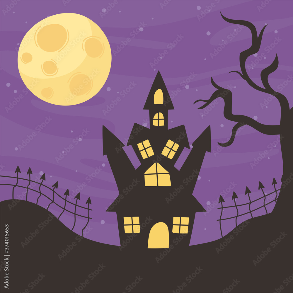 happy halloween, castle night moon tree and fence trick or treat party celebration