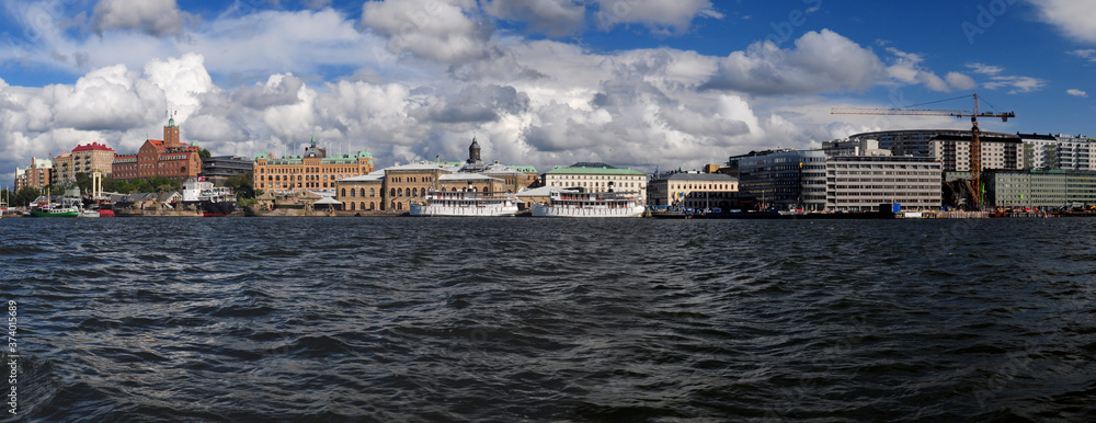 Panoramic View From River Gota Alv To The Harbour Lilla Bommen In Goteborg On A Sunny Summer Day With Some Clouds In The Sky