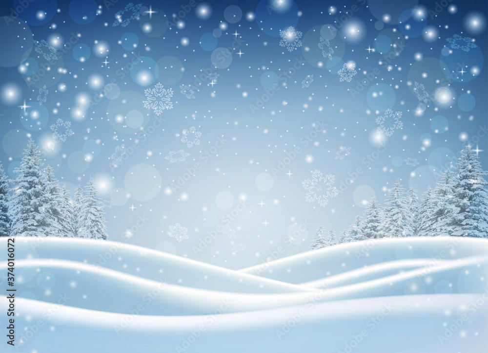 deep snow. Christmas night landscape with moon and fir trees. The radiance of a Christmas star. Winter holiday template.