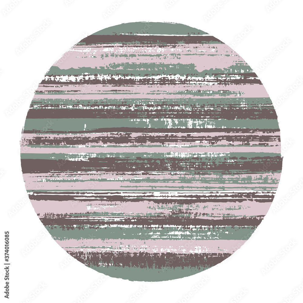 Ragged circle vector geometric shape with striped texture of paint horizontal lines. Planet concept with old paint texture. Badge round shape logotype circle with grunge background of stripes.