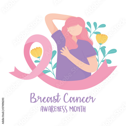 breast cancer awareness woman method to palpation flowers ribbon vector design