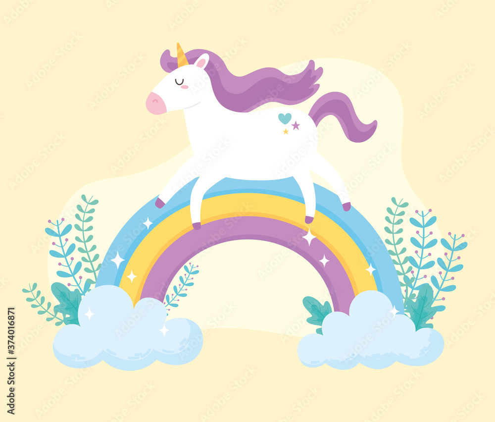 cute magical unicorn walking rainbow plants fantasy animal cartoon