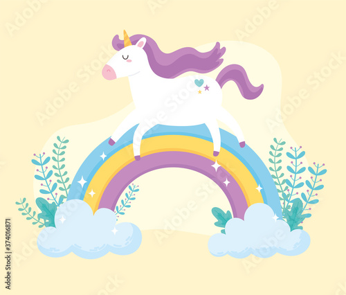 cute magical unicorn walking rainbow plants fantasy animal cartoon