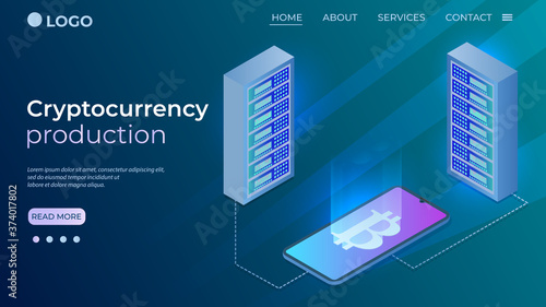 Cryptocurrency production.Concept of bitcoin mining.Electronic cryptocurrency exchange.Use of modern technologies.The template of the landing page.Isometric vector illustration.