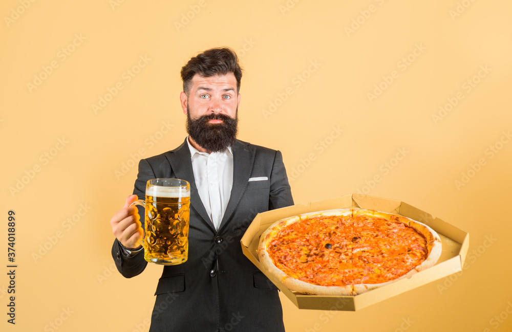Pizza. Octoberfest. Happy bearded man with pizza and beer. Bearded man with pizza and beer. Pizza time. Fastfood. Italian food. Pizza. Octoberfest. Happy bearded man with pizza and beer. Bearded man with pizza and beer. Pizza time. Fastfood. Italian food.