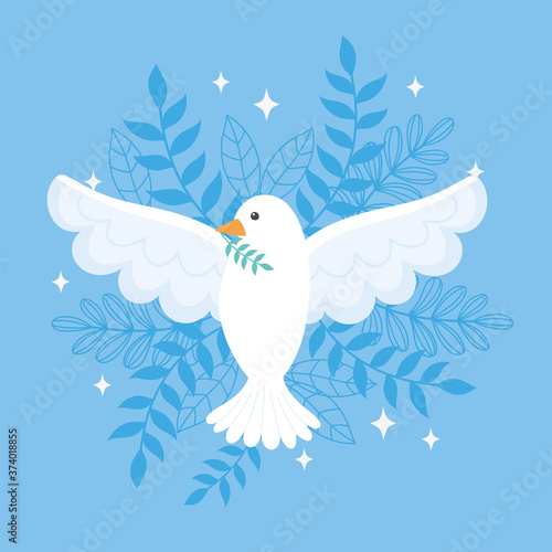 international peace day pigeon with branch leaves blue background