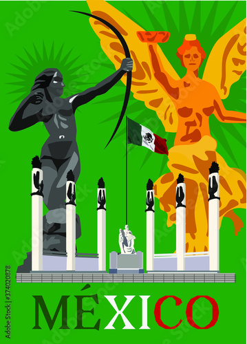 Mexican monuments Diana the huntress, Angel of Independence, monument of Boys heroes of Chapultepec illustration 