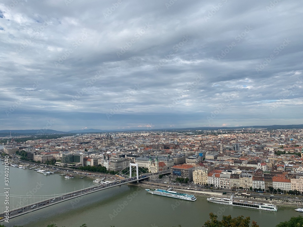 Budapest city skyline from liberty statue hill top.  Budapest, Hungary.