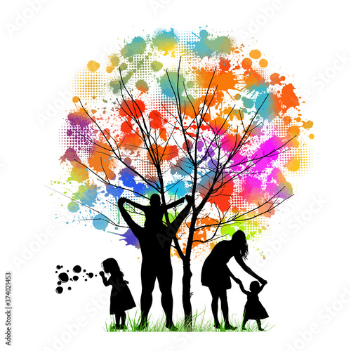 Family together near a multicolored abstract tree. Mixed media. Vector illustration