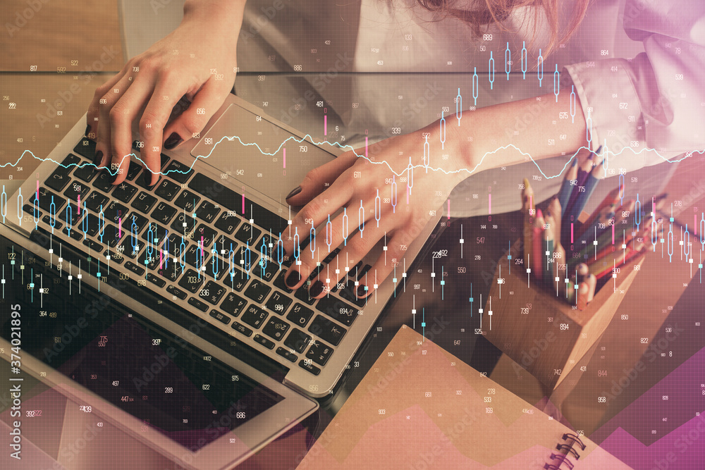 Double exposure of woman hands typing on computer and forex chart hologram drawing. Stock market invest concept. Double exposure of woman hands typing on computer and forex chart hologram drawing. Stock market invest concept.