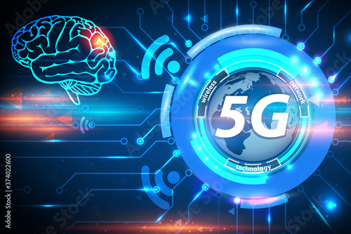 5G Health Hazard risk of brain tumors concept background. 5G cellular mobile networks is high-speed Internet for new generation phones. 5G global innovation vector illustration