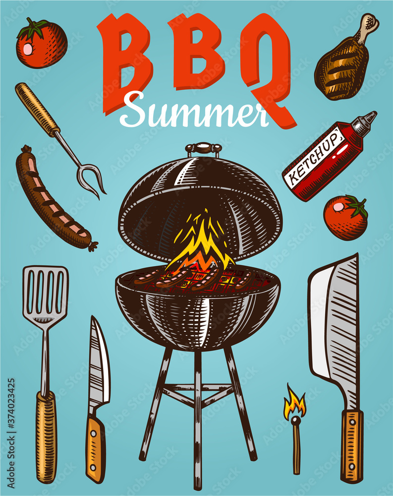 Barbecue grill elements set isolated on blue background. BBQ party poster. Summer time. Charcoal kettle with sauce. Kitchen equipment for menu. Cooking outdoors. Hand drawn. Vintage Engraved sketch. S...