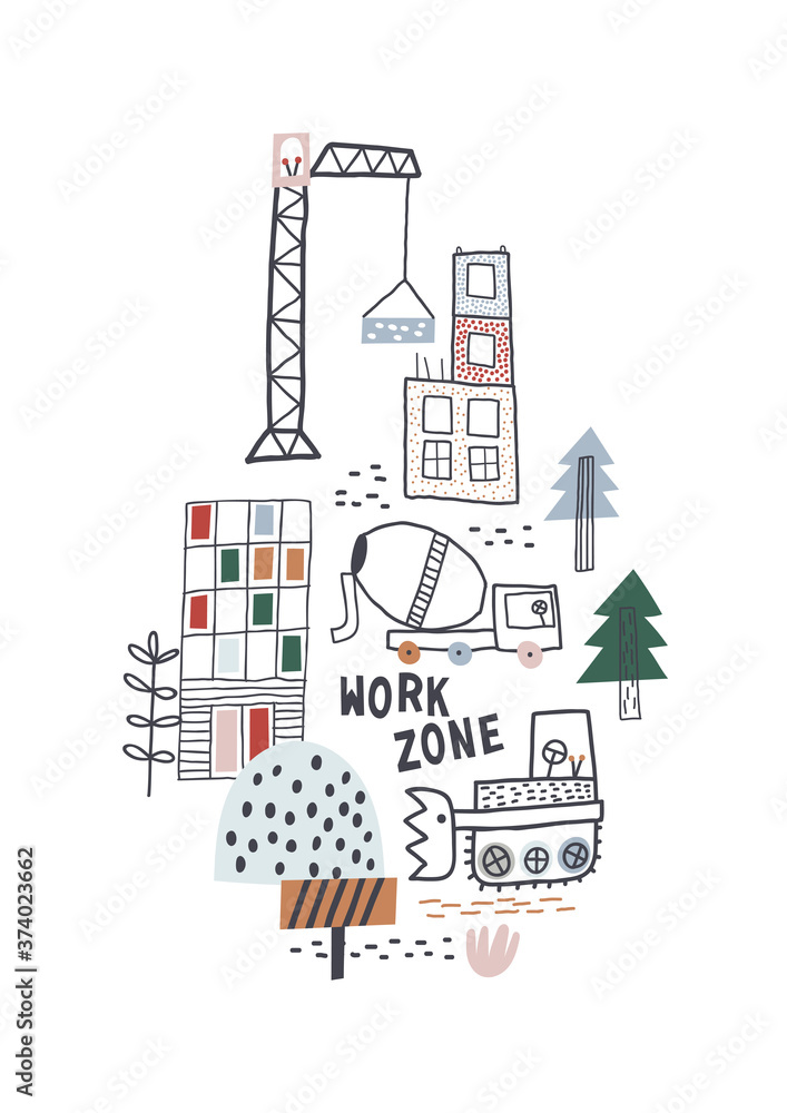 New city. Construction site. Cartoon city background. Design for poster, card, bag and t-shirt, cover. Baby style.