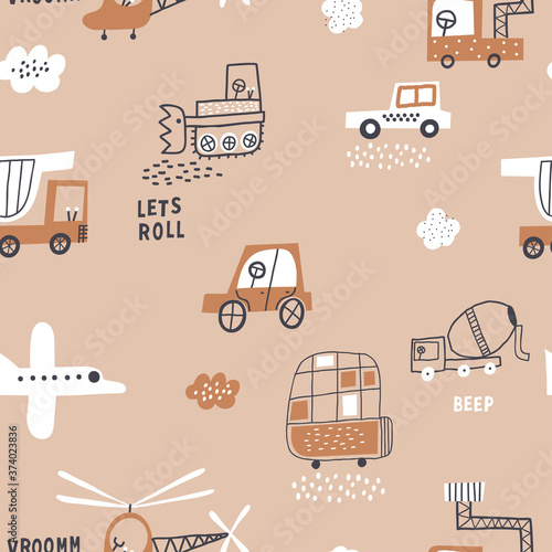 Childish seamless pattern with cute cars, trucks and air transport. Perfect for kids fabric, textile, nursery wallpaper. Vector Illustration. Pastel colors.