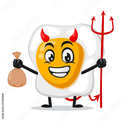 vector illustration of fried egg mascot or character wearing devil costume and holding trident