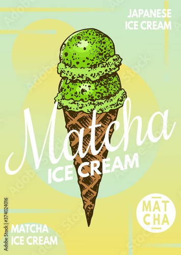 Matcha green tea Ice Cream poster. Japanese banner. Engraved hand drawn Vintage sketch for menu or book.