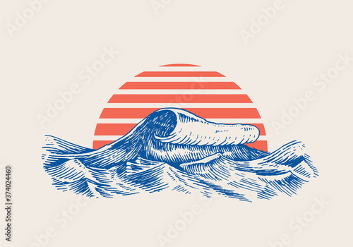 Atlantic tidal waves and red sun. Vintage old engraved hand drawn labels. Marine and nautical or sea, ocean in Japanese style for banner, background or poster. set of Isolated vector illustration.