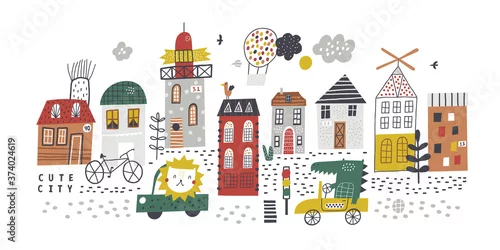 Obraz miasto w formie kreskówki. ilustracja z drapaczem chmur, budynkami i samochodami.