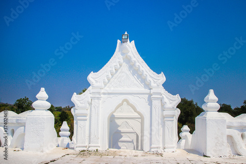 Beautiful ancient white Buddhist temples, pagodas and stupas Migun Yangon Myanmar Burma