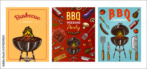 Barbecue grill elements set isolated on red background. BBQ party poster. Summer time. Charcoal kettle with sauce. Kitchen equipment for menu. Cooking outdoors. Hand drawn. Vintage Engraved sketch.