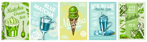 Matcha green tea poster. Healthy milk blue latte, Smoothie Bowl, Ice Cream and Chocolate bar. Japanese ceremony banner. Engraved hand drawn Vintage sketch for menu or book.